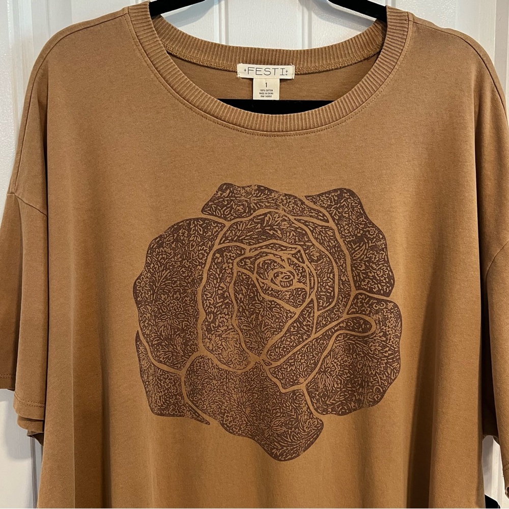 Festi Tobacco Brown Graphic T-Shirt with Rose Design. Size 1. NWT. - Picture 3 of 13